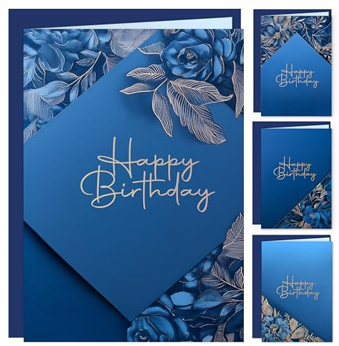 12x Geburtstagskarten Set Blau Klappkarten mit Umschlägen 4 elegante Designs Hochwertige Qualität Happy Birthday Karten mit Blumenmotiv