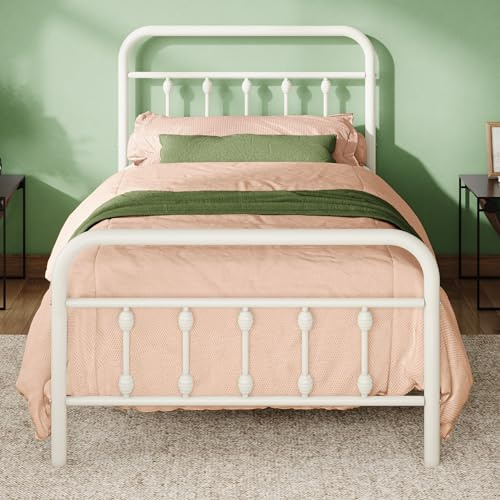 Allewie 14 Inches Twin Size Metal Platform Bed Frame, Off White | Iron-Art Headboard and Footboard, Easy Assembly, Under Bed Storage, No Box Spring Required