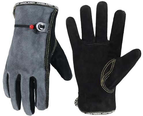 HANDLANDY Leather Work Gloves, Cowhide Leather Thorn Proof Working Gloves, for Tig Mig Welding, Woodworking, Driving, Tool Handling, Gardening (Black-Grey, L)