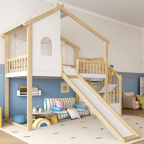 Idemon Letto a soppalco, 90 x 200 cm, griglia per riporre oggetti, finestra, scivolo, listello, colore naturale + bianco