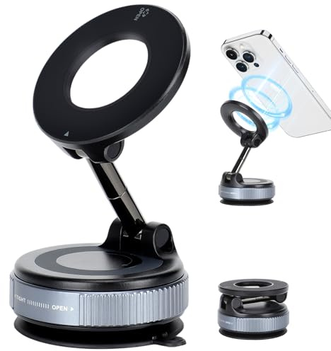 Axrye Vacuum Magnetic Phone Holder, Foldable Car Phone Holder for Mag 360° Adjustable with Strong Suction Retractable Vacuum Suction Cup Phone Mount for Car/Gym/Mirror/Shower for iPhone & Android