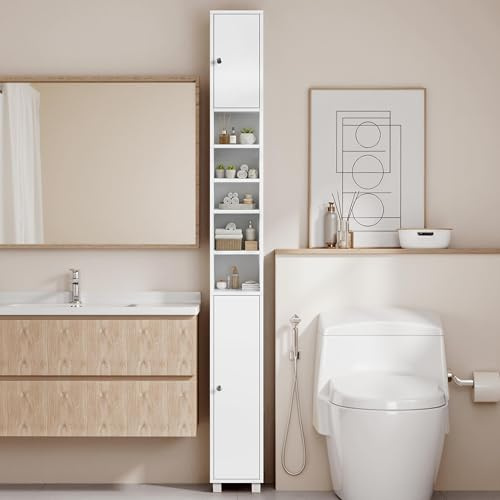 Yaheetech Tall Bathroom Storage Cabinet with 6 Adjustable Shelves, Slim Narrow Corner Unit Freestanding for Living Room Kitchen Small Spaces, White