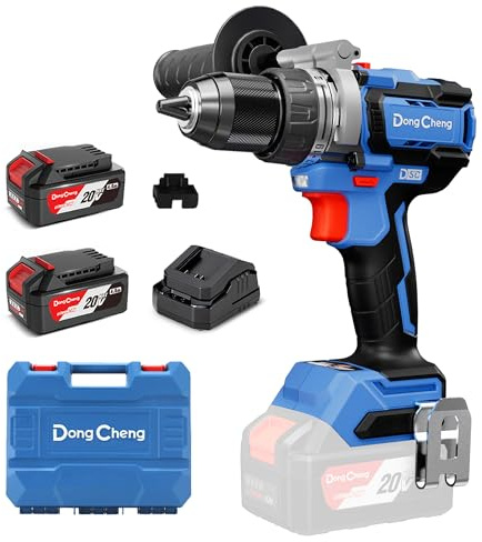 Dong Cheng 20V 160N.m Cordless Brushless Hammer Drill, 2 x 4.0Ah Battery | 13mm Keyless Metal Chuck, 24+1+1 Clutch, Cordless Hammer Drill for Drilling Brick Wall, Metal, Wood