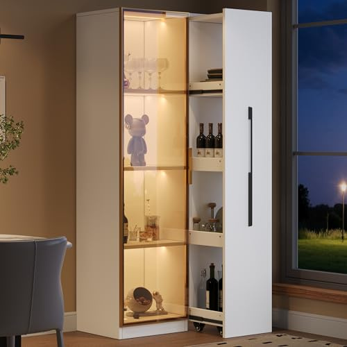 Merax Bücherschrank mit Glastüren, Multifunktionsschrank mit Rollschrank, Vitrinenschrank Stehend, Glasvitrine mit LED-Beleuchtung und Schienenauszug-Regalenücherregal, Weiß, 70x40x160 cm