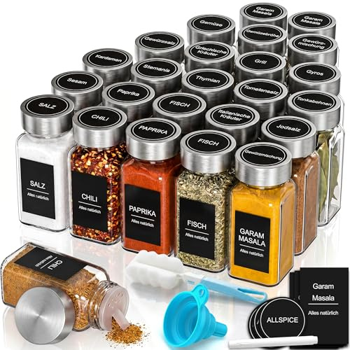 DIFULI 24er Gewürzgläser Set mit Edelstahldeckel – Eckige Gewürzdosen (120ml) | Gewürz Organizer mit Streueinsatz, Trichter, Sieb & 340 Etiketten | Stilvolle Aufbewahrung für Küche & Haushalt