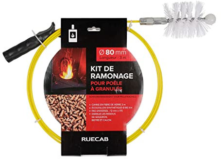 Delta RUECAB - Schornstein-Set für Pelletofen Ø 80 mm 3 m, flexibel, Fiberglasrohr mit Gewinde M12 x 1,75 mm – Abstriche aus Synthetikhaar 80 mm – speziell für Pfannen Granulat