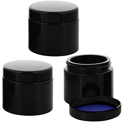 Violett Miron Glas-Tiegel 50ml mit Deckel Schwarz, Leere Kosmetex Glas Creme-Dose, Kosmetik-Dose Mironglas Violettglas, 3x Deckel-Schwarz