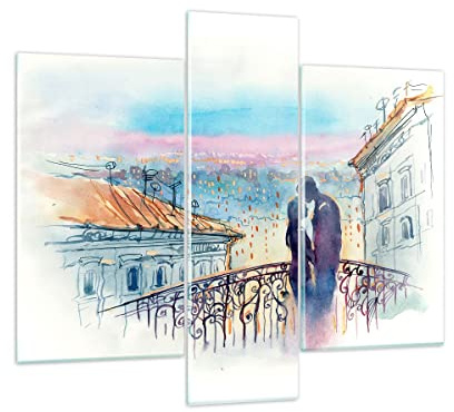 Moderne Impression sur Verre Couple Amour Ville Pont Image Tableau en Verre Decoration Murale 95x80cm Deco Cadre Salon Chambre Triptyque 3 parties Grand Tableaux Decoratifs Muraux Art GCB95x80-2998