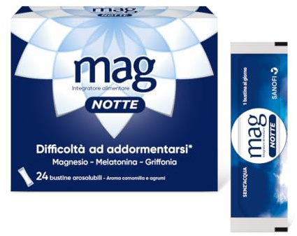 Mag Notte Melatonina per Dormire per Adulti, 24 Bustine Monodose | Con Magnesio, Griffonia, L-Triptofano, Favorisce il Sonno, Riduce i Disturbi Notturni, Senza Glutine, Aroma Camomilla Agrumi