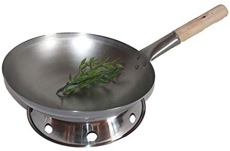 AAF Nommel ®, WOK SET, Pfanne 38 cm Ø runder Boden Carbon Stahl für Gasherd und Induktion Mulde + Wok Ring zum Abstellen des Wok