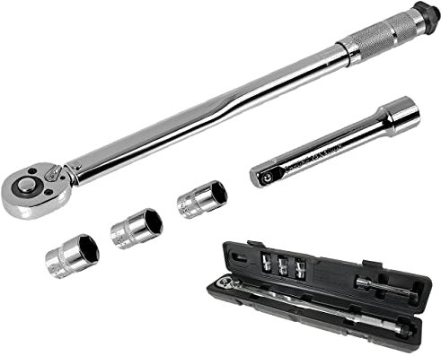 WALTER Drehmomentschlüssel-Satz 1/2 – Präzises Drehmoment 60-210 Nm, inkl. 3-tlg. Steckschlüssel-Set & Verlängerung, robuste Ausführung, einfache Handhabung mit Auswurftaste, hohe Auslösegenauigkeit