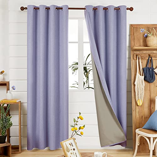 Deconovo Total Blackout Curtains Faux Linen Effect Thermal Insulated Eyelet Curtains for Living Room Purple W46 x L90 One Pair