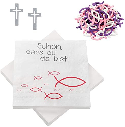 KOHMUI 60 Stücke Holz Fische Deko und 20 Servietten 'Schön, DASS du da bist!', Pink Lila Weiß Fisch Dekoration Tischdeko für Taufe, Kommunion Konfirmation oder andere Festliche Anlässe