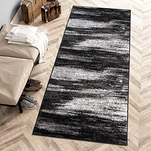 Carpeto Läufer Flur 70x150cm Schwarz Anthrazit Abstrakt 90er-Retro Weich | Teppichläufer für Küche Waschküche Schlafzimmer Pflegeleicht Fußbodenheizungsgeeignet Kurzflor Synthetisch Verkauf pro Meter