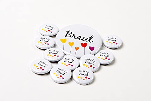 JGA-Button-Set HERZBLUME I 1x Braut (Ø56 mm)+ 10x nicht die Braut (Ø25mm) I Hochzeit JGA Party Anstecker