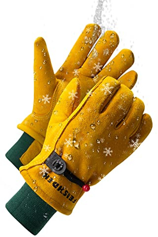 FEISHDEK Kinder Handschuhe Winter Leder Thermo Arbeitshandschuhe Kinder Deerskin Suede Gartenhandschuhe Outdoor Fahrradhandschuhe 2-12 Jahre Jungen Mädchen (L, Gelb-Grün)