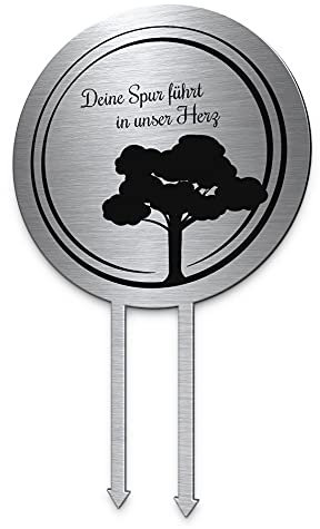 CHRISCK design Grabstecker Kreis Edelstahl mit Baum Motiv | Persönlich gestalten mit Spruch oder Namen | Abschied von einem geliebten Menschen Grabdekoration wetterfest mit Lebensbaum
