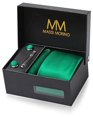 Set med slips, fyrkantig näsduk, manschettknappar och slipsnål, slips och näsduk i presentförpackning, för bröllop och affärssammanhang, Smaragdgrönt, Adjustable