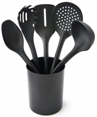 GO PRACTIC Set di utensili da cucina in nylon, utensili da cucina, set da cucina, spatola, pancake, spatola, cucchiaio, cucchiaio, cucchiaio, forchetta, cucchiaio, cucchiaio, contenitore nero, 5 pezzi