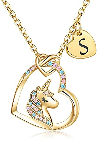 TINGN Einhorn Geschenk für Mädchen, 14 Karat Gold Vergoldet Herz Anhänger Einhorn Kette Halskette Mädchen Gold Einhorn Buchstaben Kette Einhorn Schmuck Geburtstagsgeschenke für Mädchen Tochter Nichte