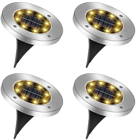 Caldarax 4 Pezzi Luci Solari Giardino Esterno, 8 LEDs Faretti Led Solari Luce Sepolta IP65 Impermeabile, Bianco Caldo Lampade Solari da Esterno da Terra per Prato, Vialetto, Scala, Paesaggio