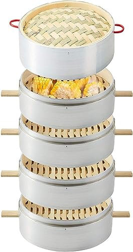 Handmade Bamboo Steamer, 4-1 Tier Baskets 20CM (7.87 Inches), Dim Sum Dumplings, Chicken Fish & Meat