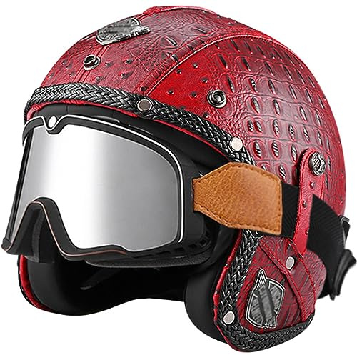 WYXAXNM Motorradhelm Retro Jethelm Lederhelm Unisex Vintage Open Face Leder-Helm Brain-Cap Motorrad Roller Helm mit Brille Maske, ECE Zugelassener Mofa-Helm Vespa-Helm Für Männer Und Frauen