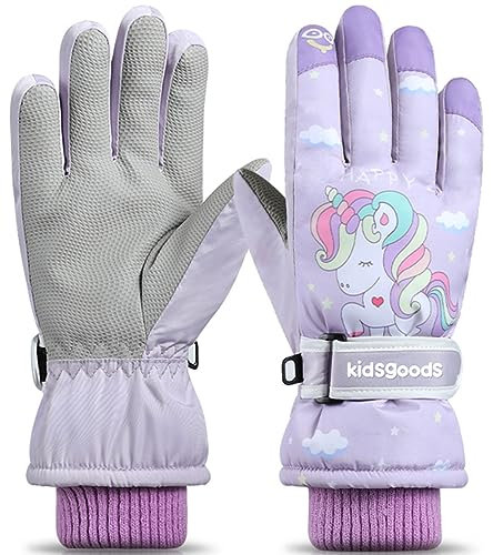 Kinder Skihandschuhe Winddicht Wasserdicht Verschleißfeste und Warme Handschuhe Gestrickte Manschetten Gefüttert mit Kaschmir Verstellbare Größe mit Klettverschluss,6-12Jahre alte Kinder(Lila-Einhorn)