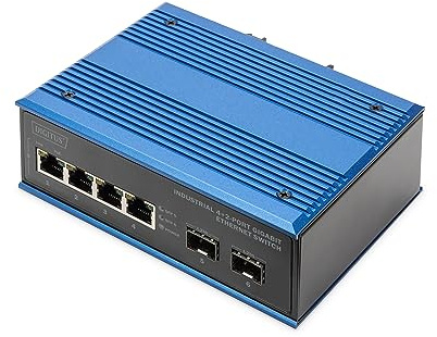 DIGITUS Commutateur de réseau - 6 Ports Gigabit Ethernet - 4X RJ45 + 2X SFP - IP40 - 10/100/1000 Mbit/s - Montage sur Rail DIN - série Industrielle - Noir/Bleu