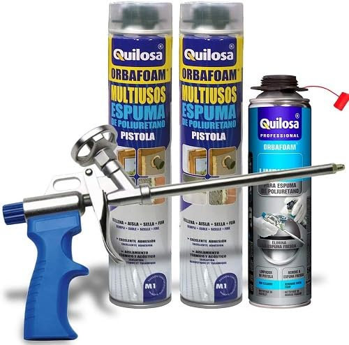 QUILOSA - Set pistola espuma Quilosa Caliber 30 + 2 botes espuma poliuretano Quilosa Orbafoam 750ml + limpiador espuma poliuretano Quilosa 500ml