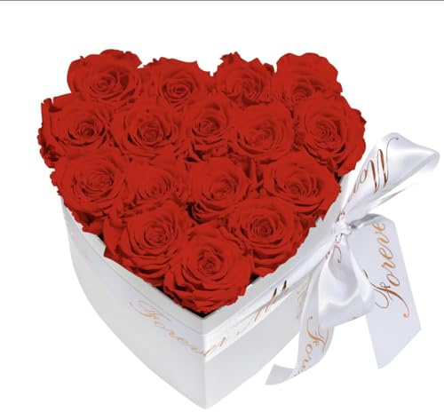 FORTTS Konservierte Rosenbox, 18 Stück Echte Rosen für immer Blumen mit herzförmiger Box, Ewige Rose Last 3 bis 5 Jahre für Muttertag Valentinstag Geburtstag Geschenk Party Dekorationen (Rot)