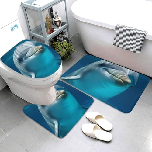 Dwrepo Delphin mit einem Lächeln Druck Badezimmer Teppich Set 3-teilig mit rutschfester U-förmiger Konturmatte und WC-Deckelbezug für Badezimmer Dekoration
