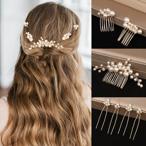 7 Pcs Pearl Hair Comb Gold Pearl Hair Pins Set Hair, Bridal Wedding Hairs Comb for Brides Bridesmaids Women (Gold)