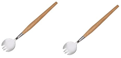 OUNONA 2pcs Salad Forks Stainless Steel Salad Server Wooden Handle Multifunctional Cutlery for Daily Use