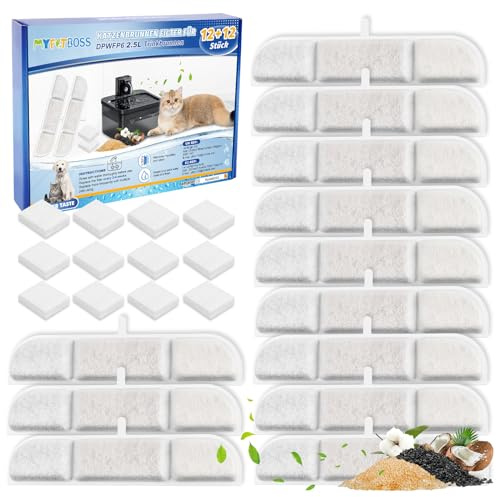 MyfatBOSS Trinkbrunnen für DownyPaws Katzenbrunnen,12 Pack Ersatzfilter Aktivkohle Medizinalstein Ionenaustauschharz für katze kabellos Filter und 12 schwämme Filter für 2.5L Trinkbrunnen (DPWFP6) | 12 Pack Ersatzfilter und 12 schwämme Filter,Aktivkohle ,für katze kabellos Filter für 2.5L Trinkbrunnen