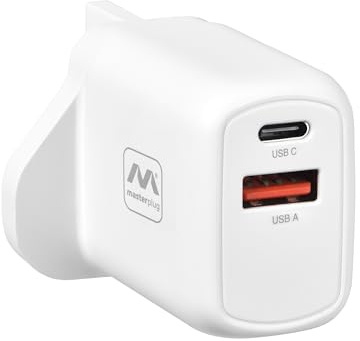 Masterplug Super-Fast USB Charging Plug with USB A and USB C Charging Ports, for Mobiles and Tablets, 30 Watts, White