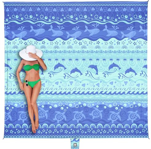 WEKAPO Beach Blanket Waterproof Sandproof Oversized Extra Large Sand Free Beach Mat with Stakes, Storage Bag - Essentials for Outdoor Beach, Picnic (Bohemian Sealife, 8 X 7 FT (1~4 Person))