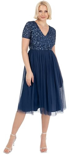Maya Deluxe Abendkleid mit Pailletten - Cocktailkleid Damen mit V-Ausschnitt - Tüllkleid Damen mit Kurzen Ärmeln