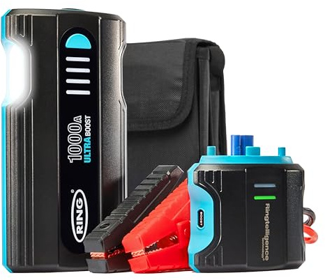 RING Ultraboost 1000A Autobatterie Starthilfe - Startet sicher bis zu 5 Liter Benzin und 2 Liter Dieselmotoren - Batterie-Booster mit Starthilfekabel, tragbarer USB-Powerbank und LED-Taschenlampe