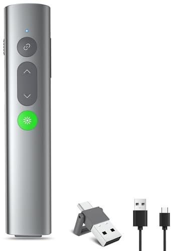 Presentador inalámbrico para presentaciones de PowerPoint, pulsador PowerPoint recargable USB-C con puntero verde, control remoto de presentación Slide Advancer con control de volumen e hipervínculo