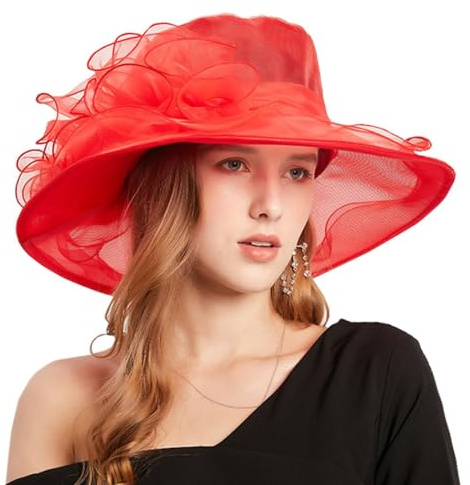 ZESLIV Damenhut Organza Hut Party Hochzeit Anlasshut Brauthut Sonnenhut mit Blumen Sommerhut Sonnenschutz Strandhut
