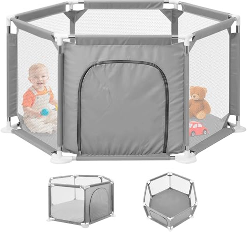JUPPLIES Parque Infantil Bebe 127x127cm Hexagonal – Corralito Bebe con Malla Transpirable – Parque de Juegos Bebe con Puerta Lateral – Playpen Bebe sin Pelotas