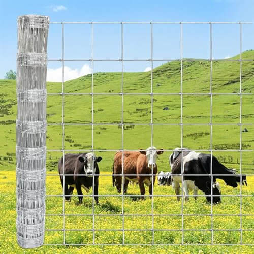 PRMTYUP Farmzaun Verzinkter Felddrahtzaun Schwerer Zinkbeschichtung Viehzaun Hirschzaun, Ziegenzaun, Schweinedrahtzaun Für Gartengarten & Tiere Schutz,Silber,H150XL5000CM