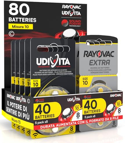 80 Pile per Apparecchi Acustici Misura 10 PR70 (Gialle - Zinco Aria) con Sound Fusion Technology - 80 Batterie: 40 Udivita + 40 Rayovac