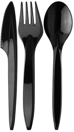 daybays Plastikbesteck Set 200x Plastikgabel 200x Plastikmesser 200x Plastiklöffel Mehrweg Geschirrset Partybesteck Plastikgeschirr Mehrwegbesteck Spülmaschinenbeständig (600, Schwarz)
