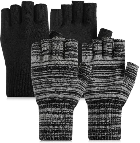 Jadive 2 Paar Halbfinger Handschuhe Damen Fingerlose Handschuhe Herren Winter Warme Halbe Gloves(Schwarzgrau, Schwarz)