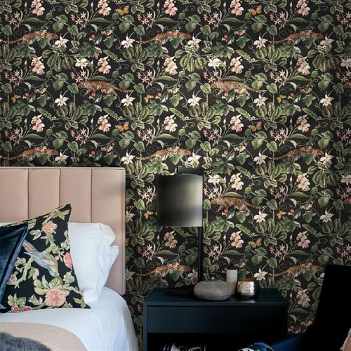 Selbstklebende Tapete Leopard Grüne Blume Strukturtapete Wandtattoo Schlafzimmer Tapete Selbstklebend Vliestapete Wallpaper for Living Room Tapeten Leicht zu Entfernen Wandschutzfolie 38.6x100.6cm