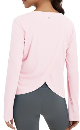 baleaf Women's Running Sun Shirts Long Sleeve UPF 50+ Workout Tops UV Athletic Shirts Split Back Gym SPF Quick Dry Lightweight Breathable Light Pink XL