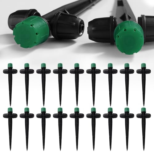 VooGenzek 18 Piezas Ajustables de 360 Grados en Estaca Rociador, 8 Goteros de Flujo con Tuerca para Tubos de 1/4 Pulgadas, Emisores de Riego por Goteo, para Sistema de Riego, Verde Oscuro