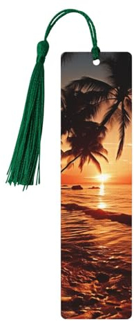 Dusk Tropical Beach Palm Holz Lesezeichen Handgemachte Doppelseitig Bedruckte Lesezeichen Seitenmarkierungen mit Dunkelgrünen Quasten Buchzubehör Geschenk für Buchliebhaber Frauen Männer